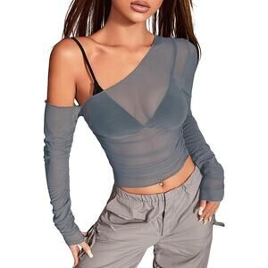 Asymmetrical Neck Y2K Long Sleeve Fairycore Festival Blouse Sheer Shirt